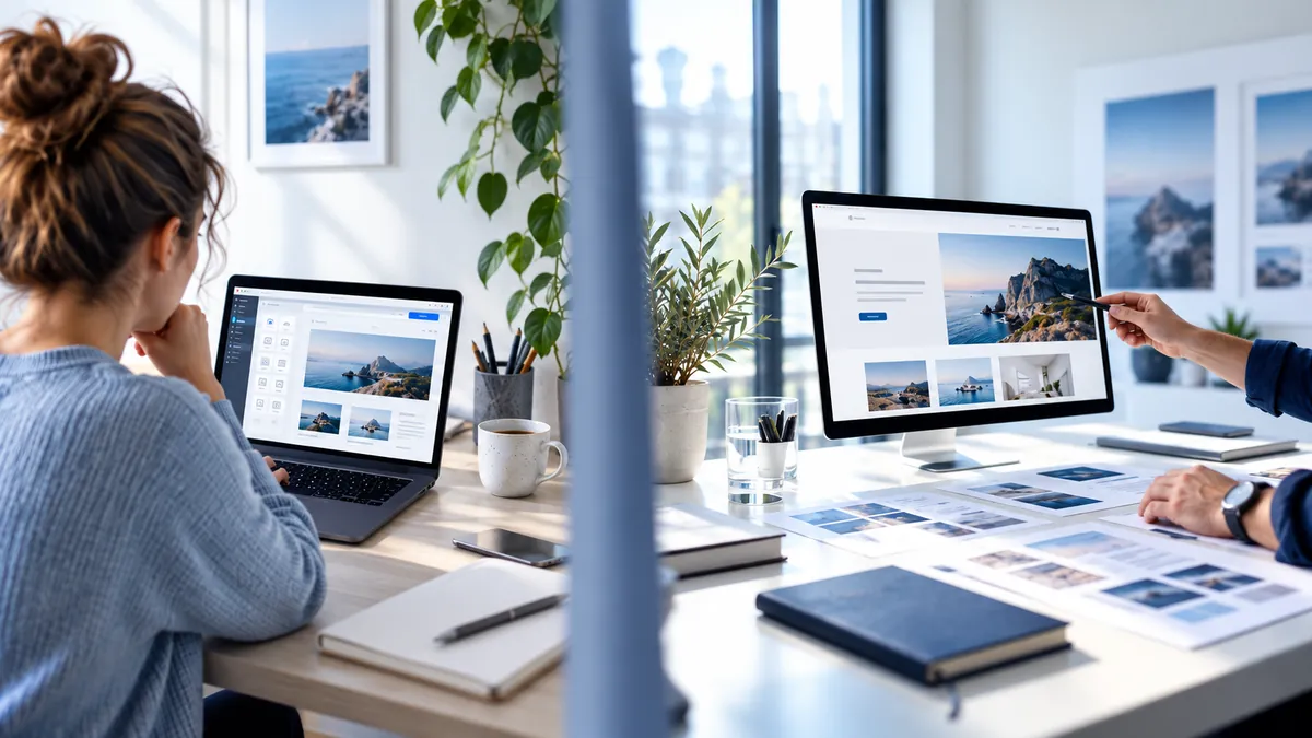Links baut jemand am Laptop mit einem Baukasten, rechts plant ein Profi eine Website am Monitor (mit KI erstellt)