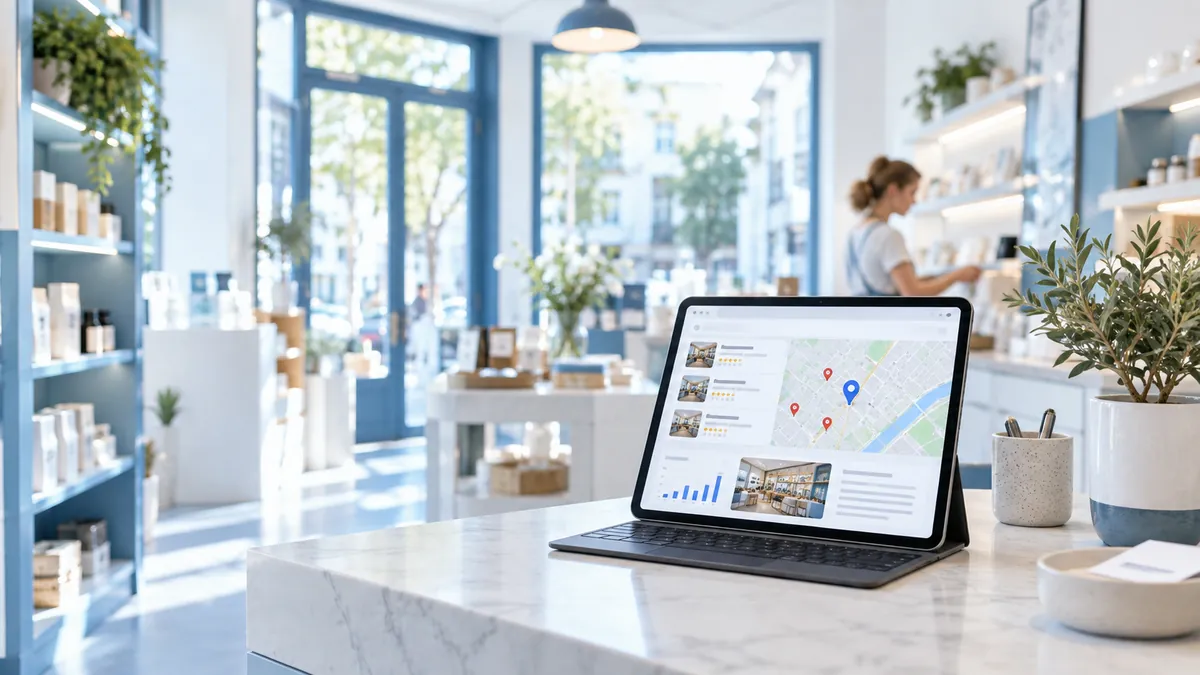 Tablet mit Google-Karte, Standort-Pins und Bewertungen auf der Theke eines Ladengeschäfts (mit KI erstellt)