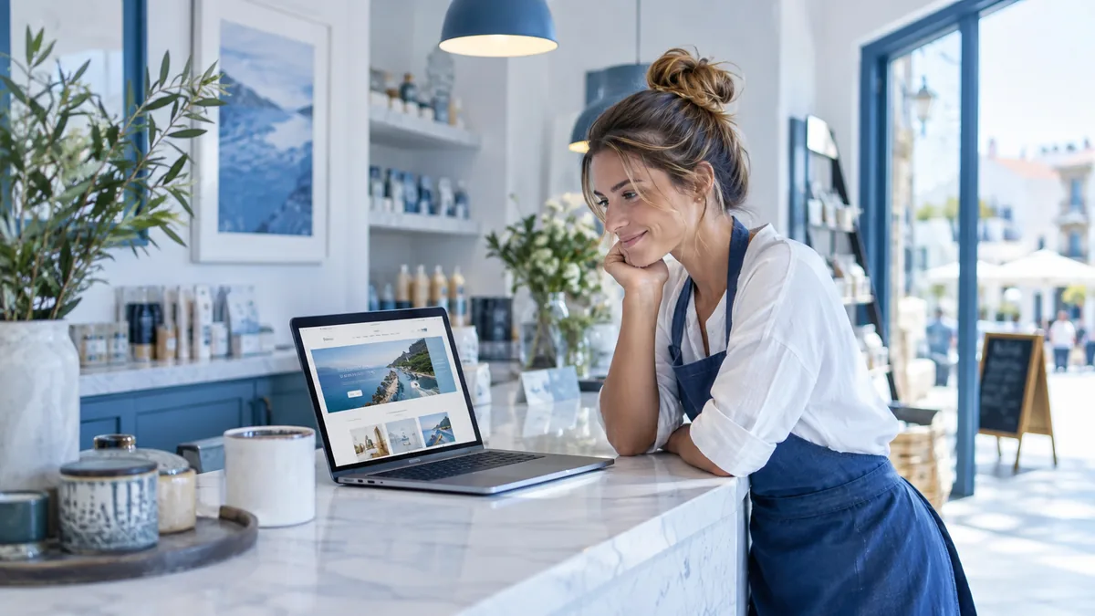 Frau schaut auf ihre neue Website im Laden (mit KI erstellt)