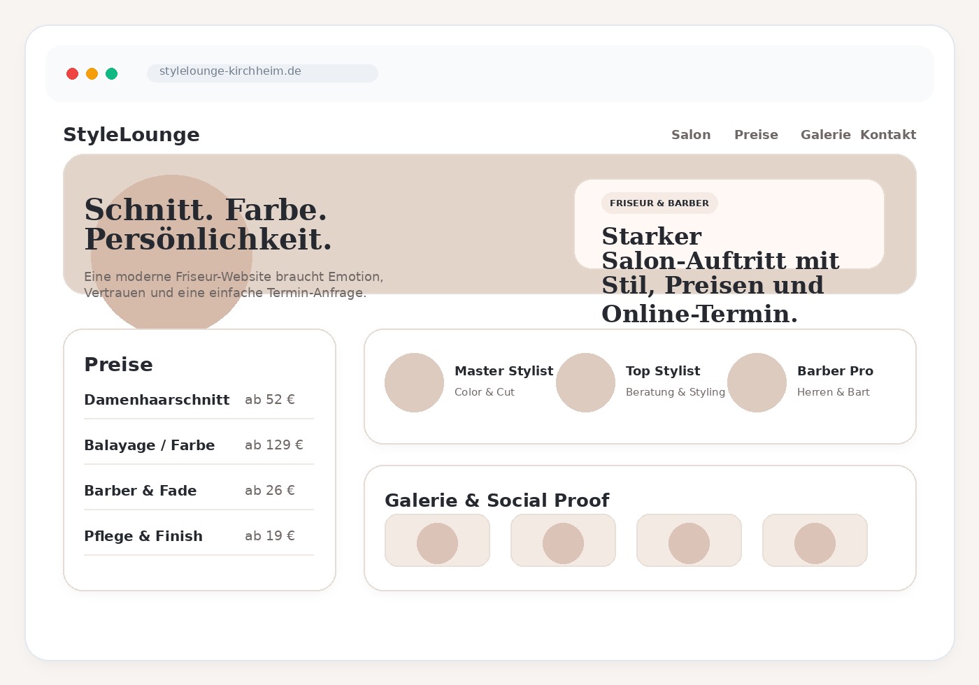 Landingpage-Beispiel für Friseur und Barber mit Terminbuchung, Preisen und Teamvorstellung