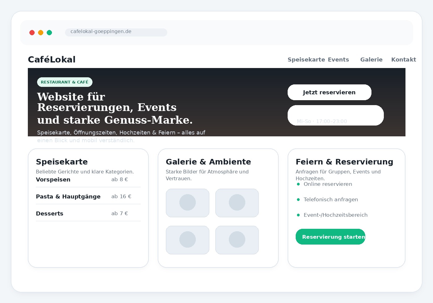 Landingpage-Beispiel für ein Restaurant mit Speisekarte, Öffnungszeiten und Reservierung