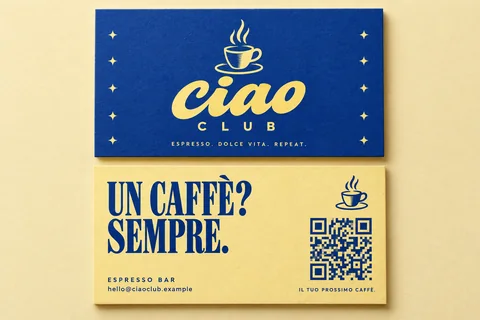 Konzept-Entwurf: Visitenkarten für die fiktive Marke Ciao Club (mit KI erstellt)