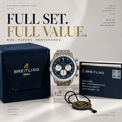 Instagram-Beitrag für FAIRDEAL Germany: Breitling Navitimer mit Box und Papieren, „Full Set. Full Value.“