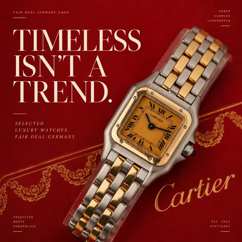 Instagram-Beitrag für FAIRDEAL Germany: Cartier-Uhr mit Schriftzug „Timeless isn't a trend.“