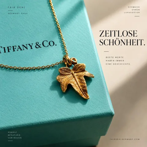 Instagram-Beitrag für FAIRDEAL Germany: Goldkette auf Schmuckschachtel, Titel „Zeitlose Schönheit.“