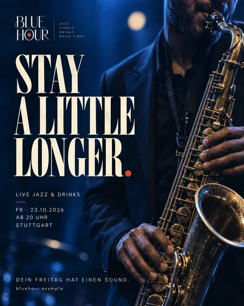 Konzept-Entwurf: Event-Poster für die fiktive Jazz-Bar BLUE HOUR mit Saxofonist (mit KI erstellt)
