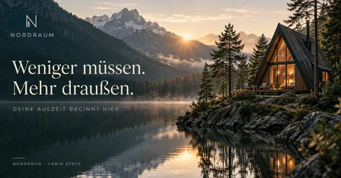 Konzept-Entwurf: Querformat-Banner für die fiktive Hütten-Vermietung NORDRAUM (mit KI erstellt)