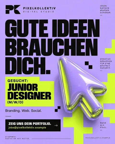 Konzept-Entwurf: Stellenanzeige für das fiktive Designstudio PIXELKOLLEKTIV (mit KI erstellt)