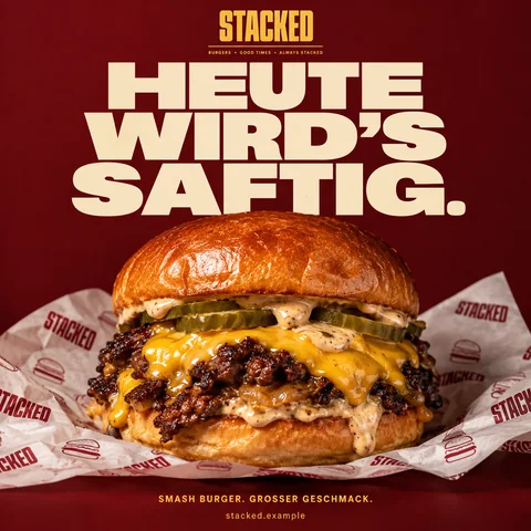 Konzept-Entwurf: Social-Media-Beitrag für das fiktive Burger-Restaurant STACKED (mit KI erstellt)
