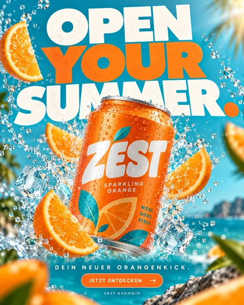 Konzept-Entwurf: Social-Media-Anzeige für das fiktive Getränk ZEST mit Orangen und Wasserspritzern (mit KI erstellt)
