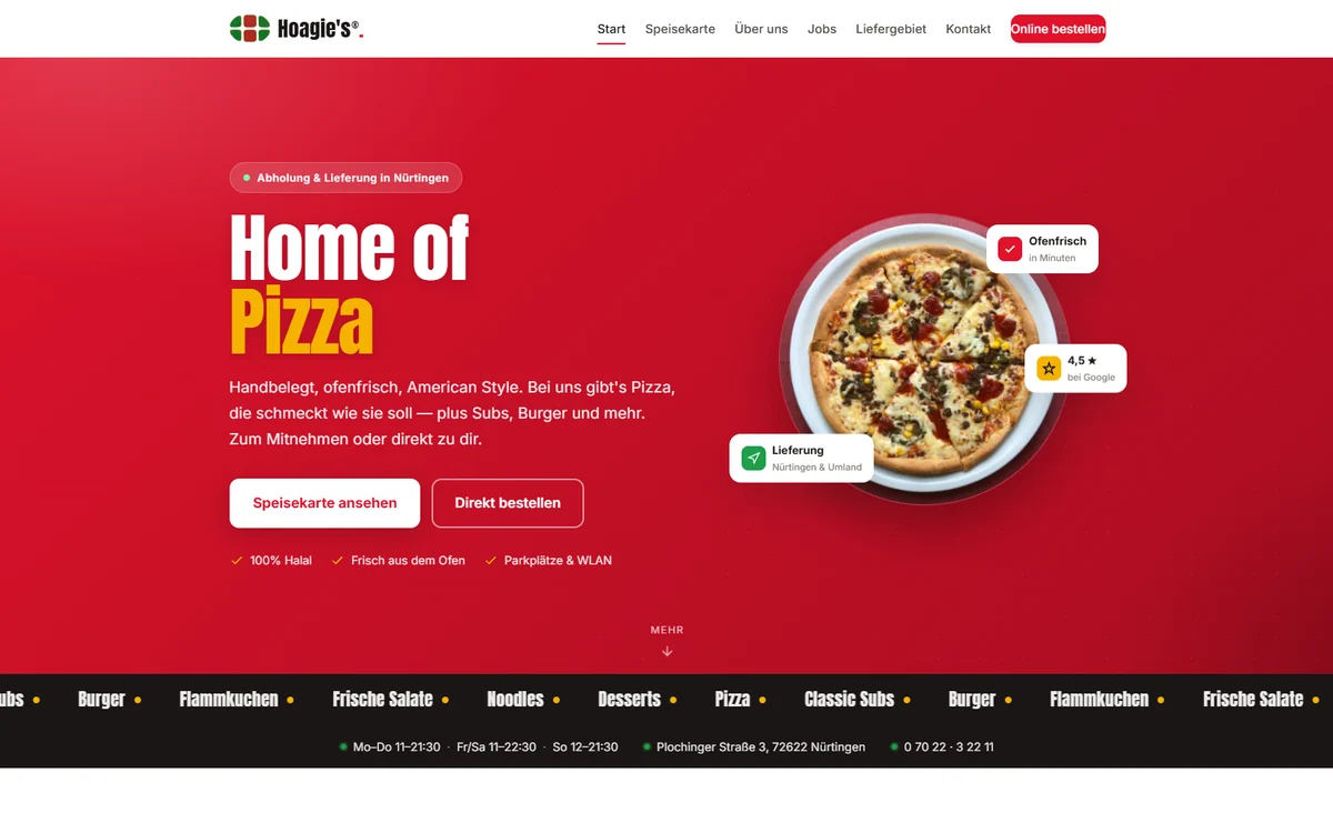 Hoagie's — Website für Pizzeria in Nürtingen