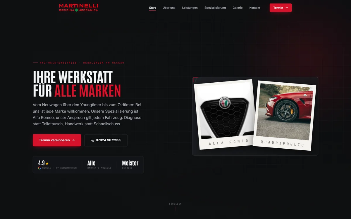 Martinelli Officina Meccanica — Website für KFZ-Meisterbetrieb in Wendlingen