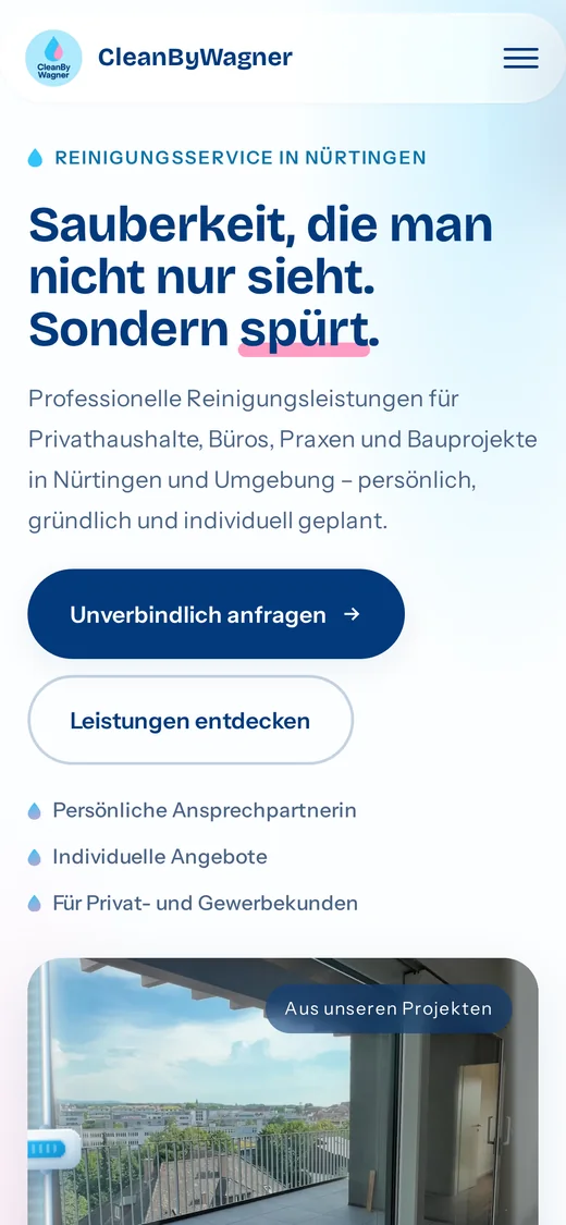 Website von CleanByWagner auf dem Smartphone