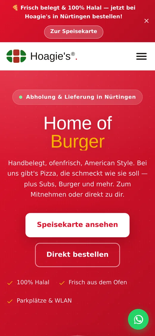 Website von Hoagie's Pizza auf dem Smartphone