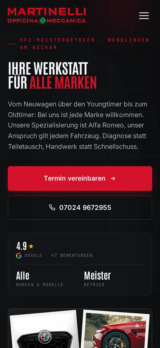 Website von Martinelli KFZ auf dem Smartphone